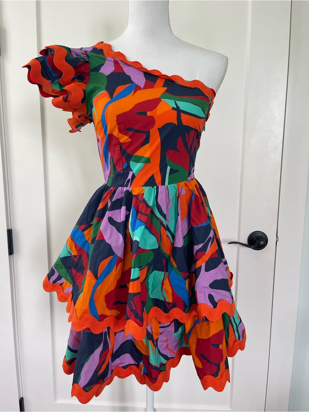 Avara One Shoulder Ruffle Dress Bright Resort Cotton Ric Rac Small NWT - Picture 7 of 7